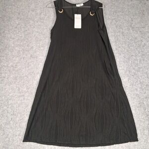 Sherosa Sleeveless Dress Womens Large Black Textured A-Line Gold Ring Accents